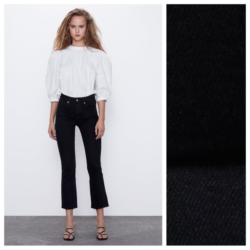 NWT. Zara Black Cropped Flare Mid-Rise Jeans. Size 8.